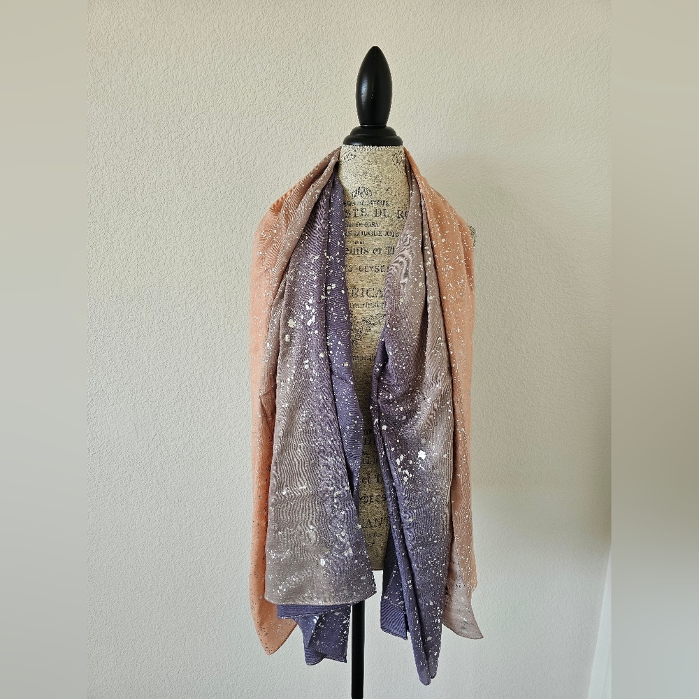 Oliver Bonas Purple & Peach Ombre Scarf with Silver Foil Splatter